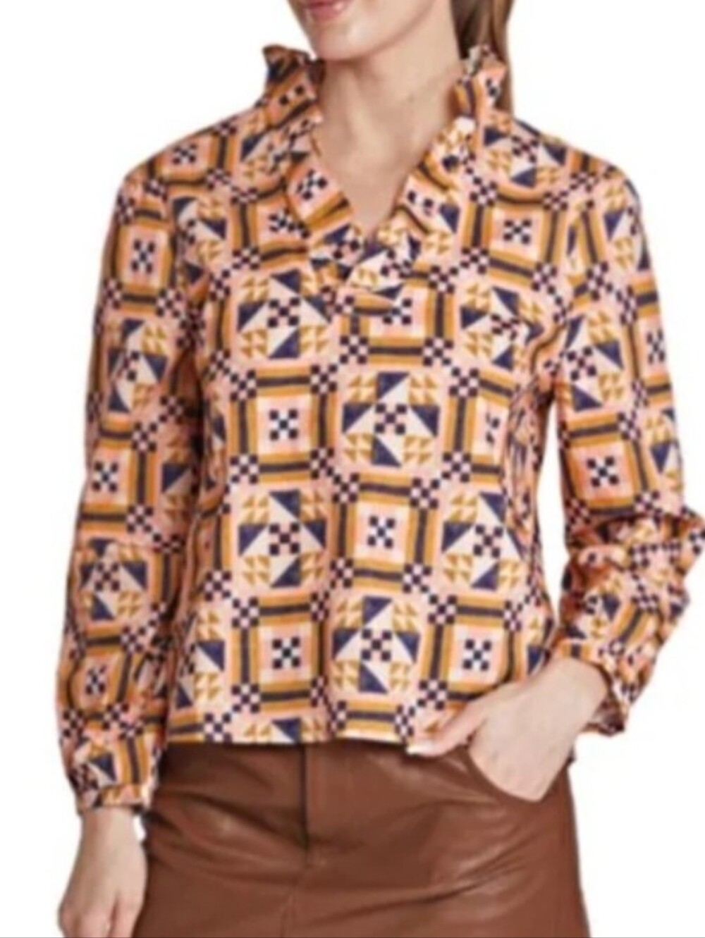 Taylor Tillman Geometric Ruffle Neck 3/4 Sleeves Top Size Small Cotton